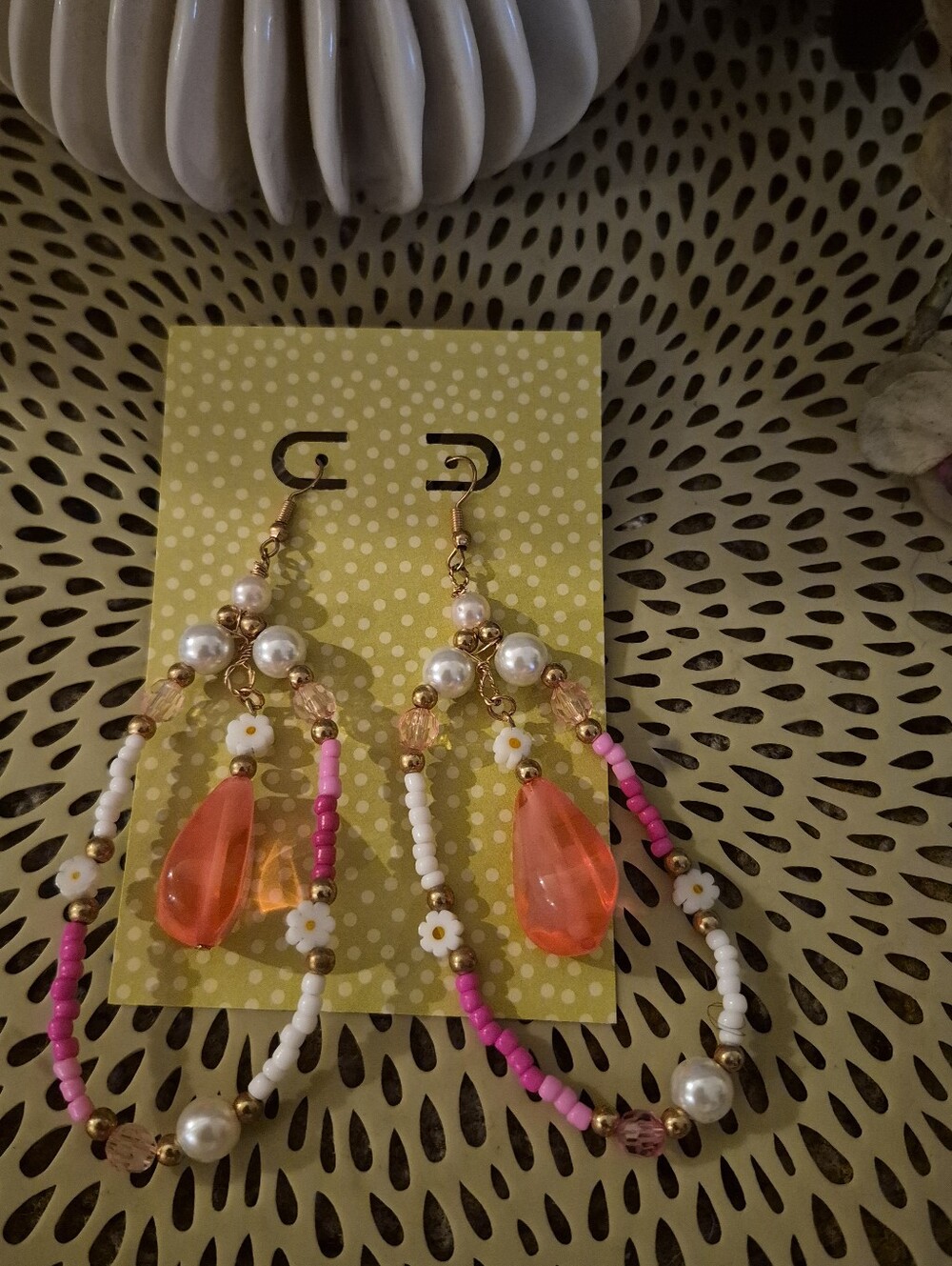 Handmade Pink & White Beaded Drop Earrings